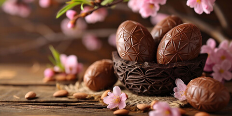 Chocolate eggs in a nest accompanied by pink cherry blossoms on a rustic wooden table evoke a traditional Easter. can be used for holiday marketing and seasonal greetings.