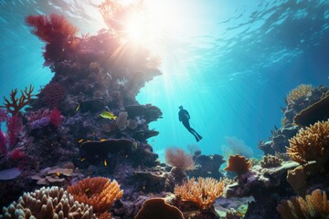 Fototapeta na wymiar A scuba diver explores a colorful coral reef in the underwater world., Person scuba diving in a coral reef, AI Generated
