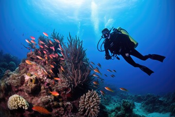Naklejka na ściany i meble A scuba diver glides above a vibrant coral reef, surrounded by the clear waters of the ocean., Person scuba diving in a coral reef, AI Generated