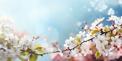 Obraz premium Spring banner with cherry blossom and blue sky copy space. Spring season concept. Shallow depth of field.