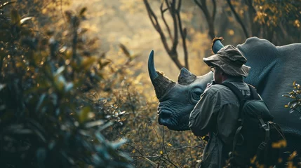 Foto op Canvas Close Encounter with a Rhino in the Wild - A Conservationist Observes Majestic Animal Amidst Lush Greenery at Sunset © Muhammad