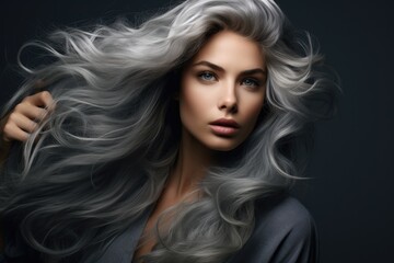 A woman with long grey hair is gracefully posing for a striking photograph., photography of stunning lady with wavy grey color hair, AI Generated
