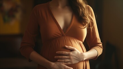 Closeup photo of young pregnant woman holds her hands on her swollen belly. Love concept. generative ai