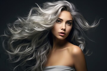 Naklejka premium A mature woman with silver hair strikes a pose as she prepares to be photographed., photography of stunning lady with wavy grey color hair, AI Generated