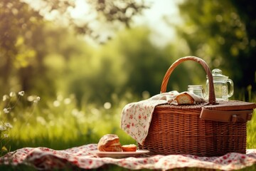 A picnic basket filled with a variety of food and drinks is laid out on a blanket spread across the green grass., Picnic basket with a napkin on a nature background, AI Generated