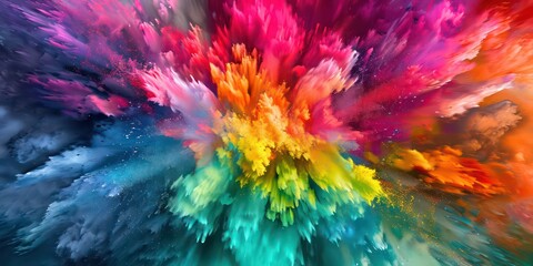 Fototapeta na wymiar Explosion bursting forth in a riot of bright rainbow colors. The composition exudes an air of fun and excitement as the colorful and bold splashes create a dynamic and visually captivating background.