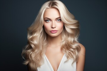 Fototapeta premium A woman with beautiful long blonde hair and captivating blue eyes., picture of beautiful blonde woman fashion model after salon hairdresser procedure, AI Generated