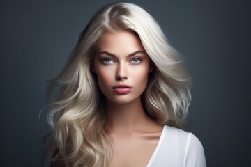Fototapeta premium A woman with striking blue eyes and flowing, blonde hair., picture of beautiful blonde woman fashion model after salon hairdresser procedure, AI Generated