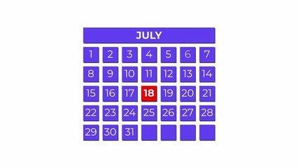 18th July calendar icon animation. Alpha matte with transparent background 4K resolution.