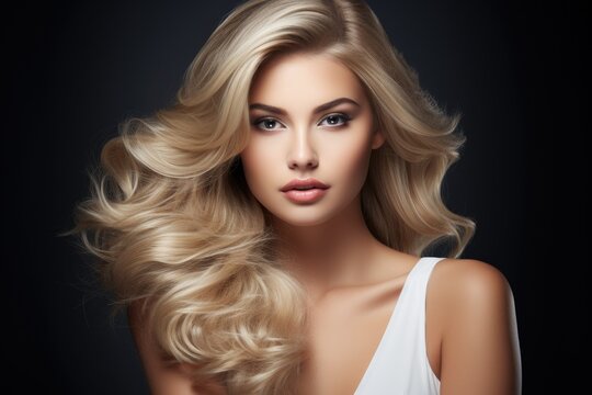 A woman with long blonde hair strikes a pose for a photograph., picture of beautiful blonde woman fashion model after salon hairdresser procedure, AI Generated