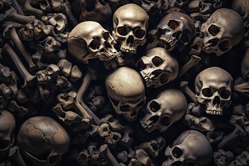 A chilling scene featuring a towering pile of skulls and bones, serving as a haunting reminder of human mortality., Pile of human skulls and bones, AI Generated