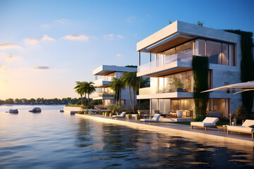 Modern Waterfront Condos with Stunning Ocean Views - obrazy, fototapety, plakaty