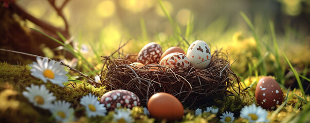 Fototapeta na wymiar Banner with A nest of diverse Easter eggs lies in a sunlit forest, daisies, suggesting a natural and tranquil spring setting. seasonal greetings, springtime events, and nature-related themes.