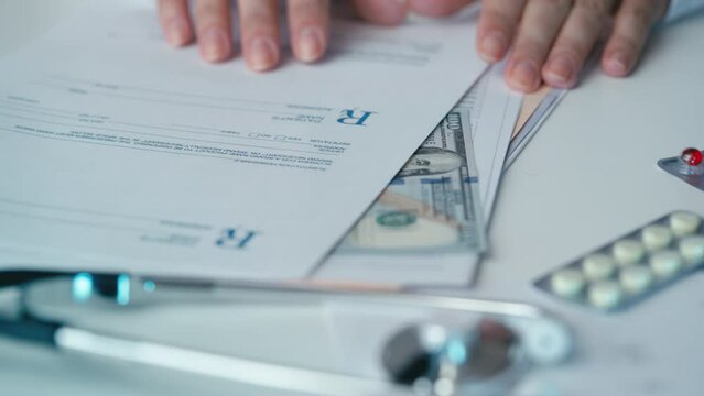 Medical corruption, doctor hiding a bribe between medical forms, illegal income
