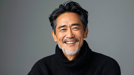Obraz premium Middle-aged Asian gentleman dressed in dark pullover beaming contently while glancing towards the lens.