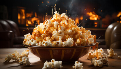 Fresh gourmet snack on wooden table in movie theater generated by AI