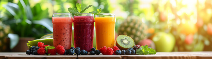 Healthy Smoothies natural juice fresh fruits has been placed on a wooden table.
