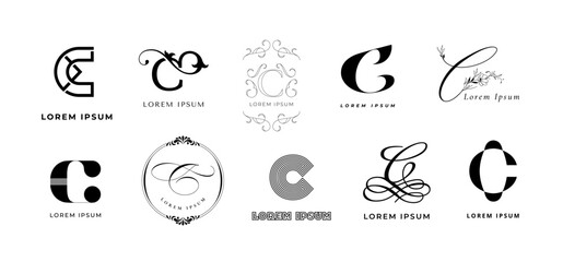 Creative C emblem. Letter c monogram for custom craft, coffee cafe and cooking courses branding template vector icon set - obrazy, fototapety, plakaty