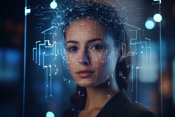 Womans Face Surrounded by Lines and Dots, Abstract Art Concept, portrait Face recognition technology scanning young businesswoman face biometrical authentication, AI Generated