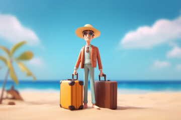 3d cartoon tourist man travel on beach background. Generative ai.