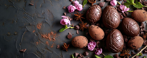 Artfully arranged chocolate Easter eggs with purple flowers and spices on a dark surface present a luxurious treat. sophisticated Easter banner, advertising and culinary presentations.
