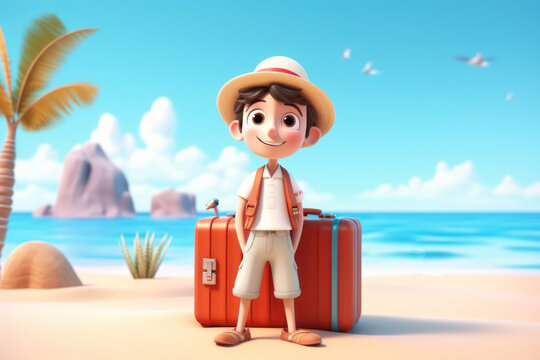 3d cartoon tourist man travel on beach background. Generative ai.