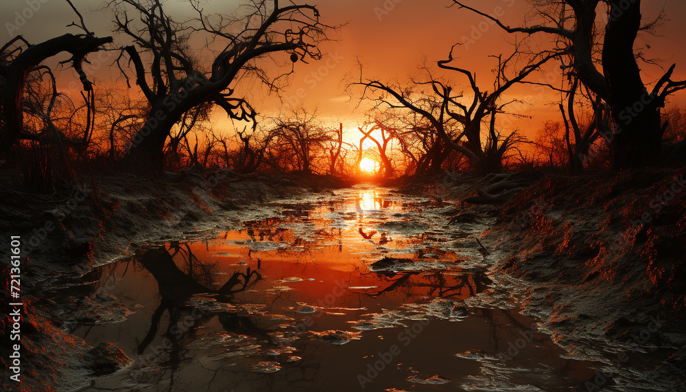 Canvas Prints Silhouette of tree branch, sunset reflects on tranquil water generated by AI