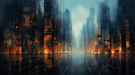 Digital rain falling over a cityscape of abstract and futuristic buildings