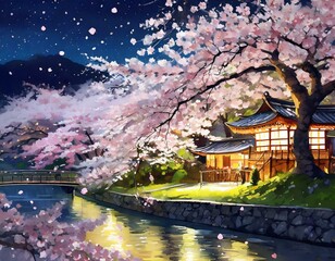 日本の古風なスポットと夜桜