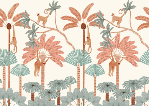 seamless pattern with monkey and jungle