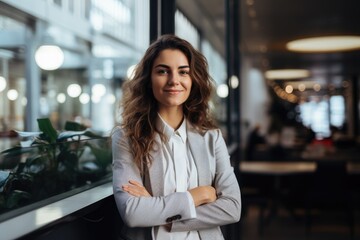 A woman stands confidently in front of a window, her arms crossed in a self-assured pose, Portrait of successful business woman inside office, AI Generated