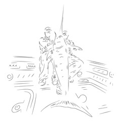 set of people handling fish after fishing line art illustration