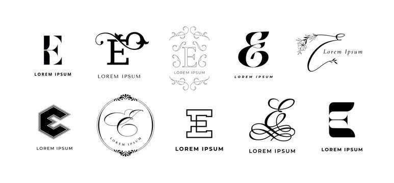 Creative E emblem. English letter e elegant monogram for eco energy, electronic and elite event branding template vector icon set