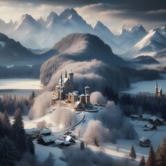 castle in the winter at dawn, medieval, ringed by a villager housings