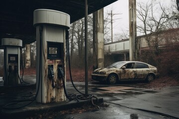 A car is parked next to a gas pump at a service station, Power supply for electric car charging, AI Generated - obrazy, fototapety, plakaty