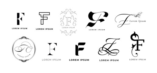 Creative F emblem. Letter f monogram for fast fitness, futuristic festival and floral farm branding template vector icon set - obrazy, fototapety, plakaty