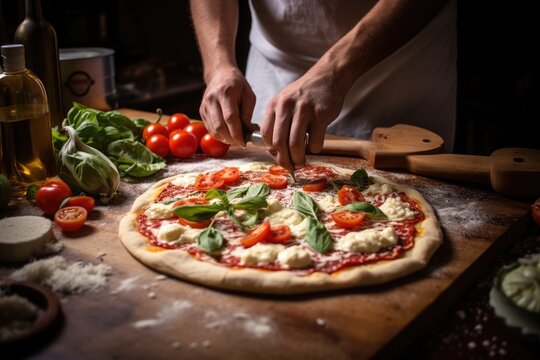 A man carefully prepares a pizza on a table, showcasing the step-by-step process of making a delicious homemade pizza, Preparation homemade pizza on kitchen table, AI Generated