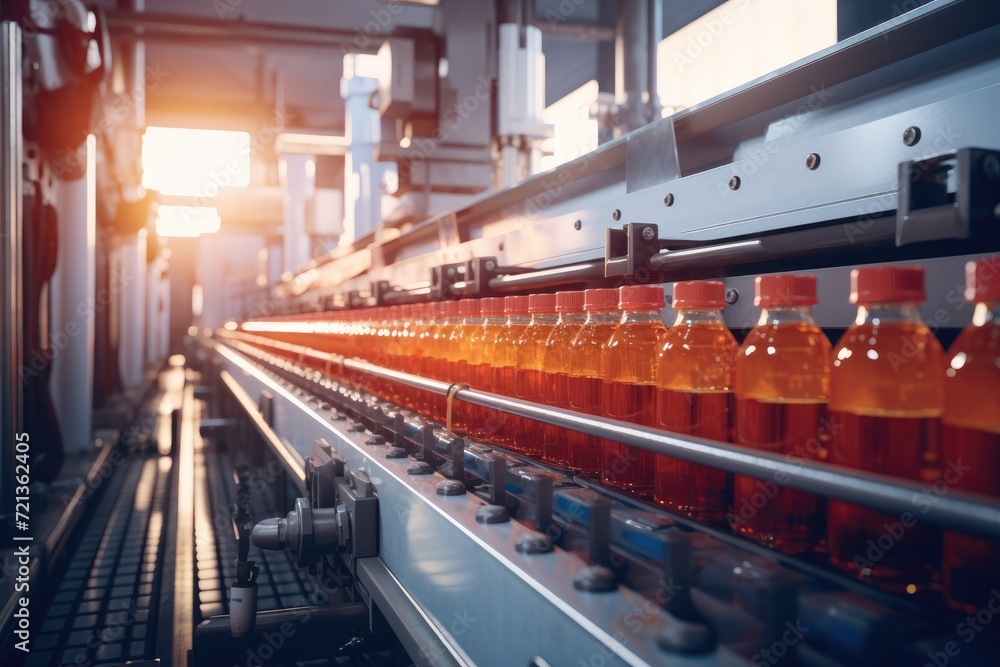 Poster a line of bottles filled with liquid moving on a conveyor belt in a systematic assembly line process