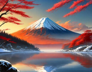 赤富士 富士山 日本 秋 夕方 夕日