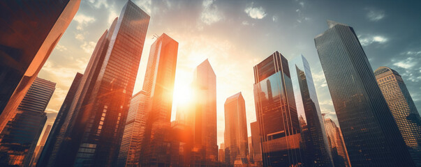 Skyscrapers in futuristic city with sunrise.