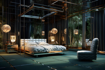 Art Deco bedroom with a mirrored ceiling a velvet canopy - obrazy, fototapety, plakaty