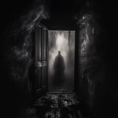 silhouette of a man in front of a door in a dark space