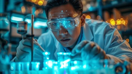 Asian scientist wearing safety glasses conducts an experiment in a lab