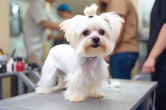 A small white dog stands confidently on top of a table, Professional groomer gives cute little dog trendy haircut at zoo salon, AI Generated