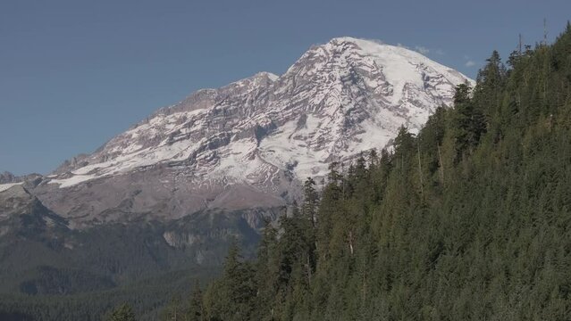 Ungraded 4k aerial footage revealing spectacular view of Mt. Rainier under clear blue sky on a sunny day in Washington State.