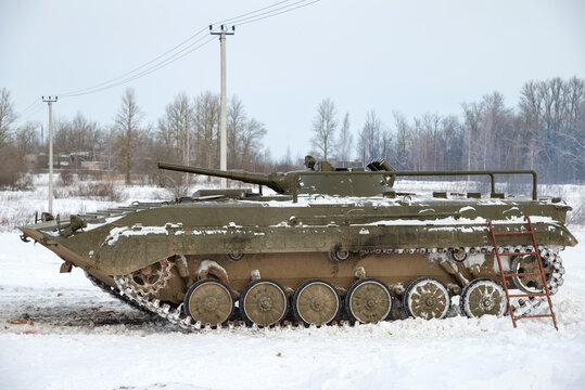 LENINGRAD REGION, RUSSIA - FEBRUARY 05, 2023: Infantry fighting vehicle (BMP-2) on a winter day