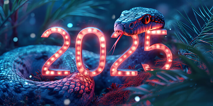 A dragon with a red eyes and a green, 2025, New Year, new year concept, "2025" write in BOLD TEXT,  red theme banner, chinese new year, generative ai