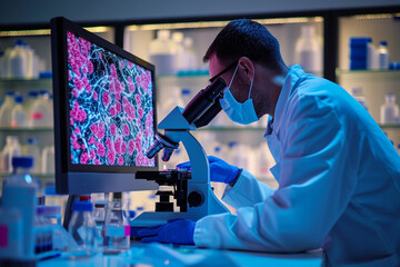 Scientist Examining Stem Cells Under Microscope in Laboratory