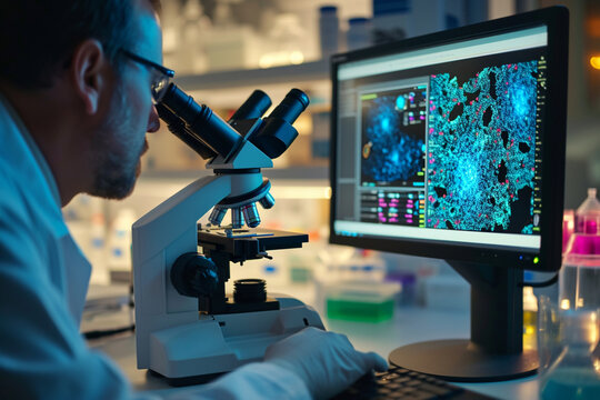 Scientist Examining Stem Cells Under Microscope in Laboratory
