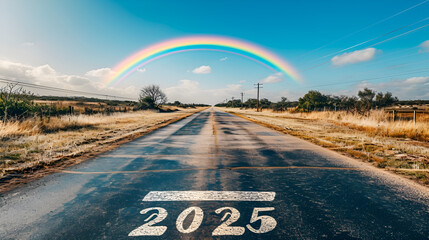 2025 written on highway road in the middle of empty asphalt road,  Black asphalt road with new year numbers 2025 with white dividing lines, New year concept. Number 2025 on empty road abstract backgro